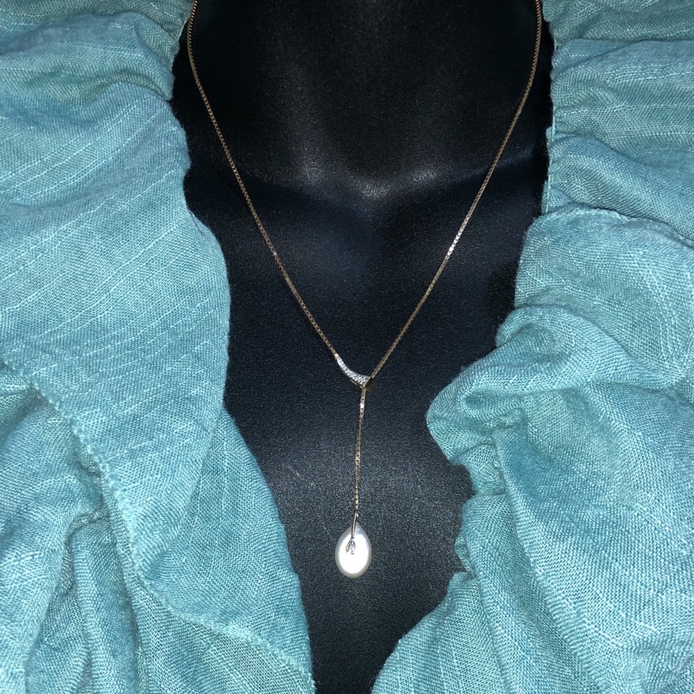 Solid 14K Yellow Gold Pearl Diamond Lariat Drop Vintage Necklace Italy
